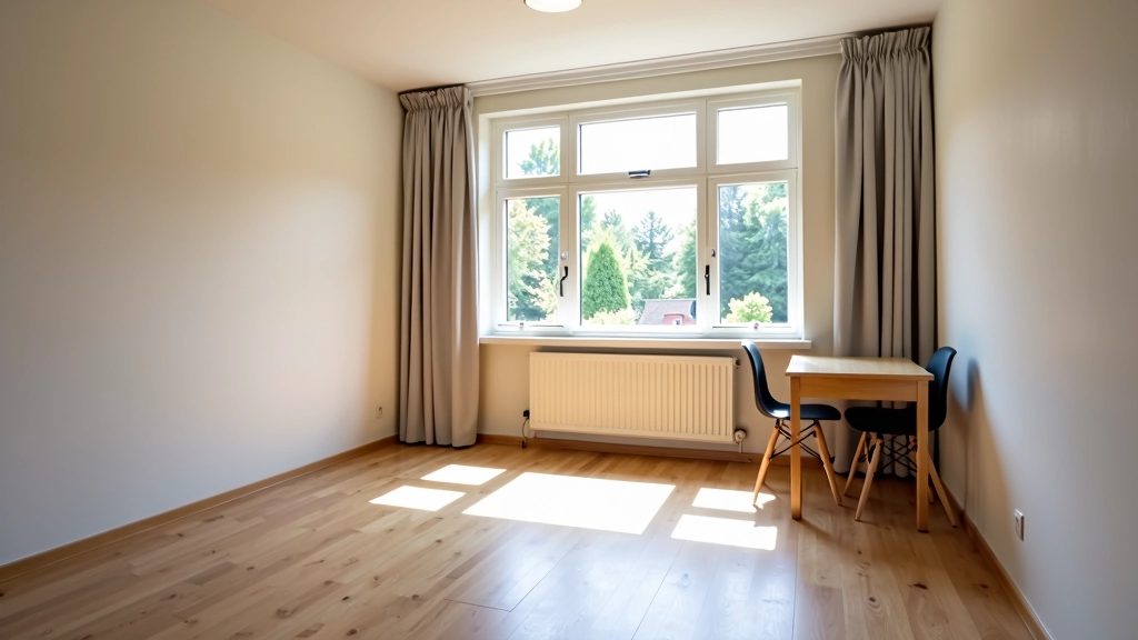 Lege studentenkamer met schone muren, open raam met daglicht, netjes opgeruimde ruimte, verhuizing concept