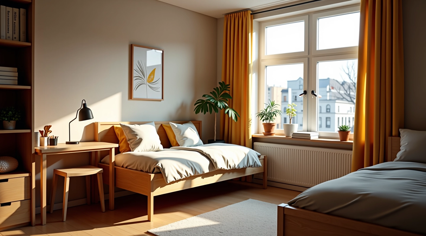 Gezellige studentenkamer met houten bed, bureau en grote raam met daglicht