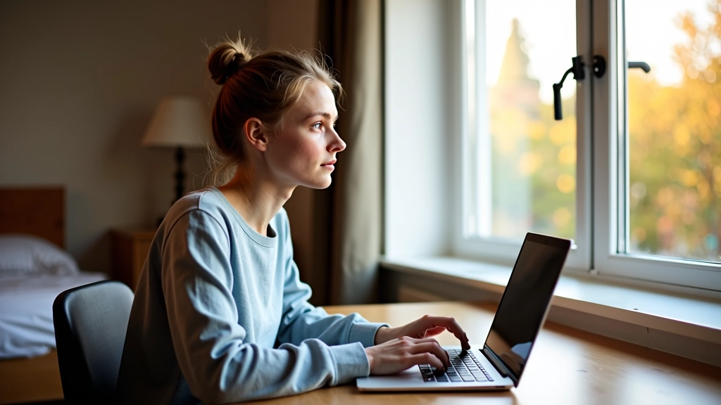 Student zit aan bureau met laptop en kijkt uit het raam, geconcentreerd werkend in zijn kamer