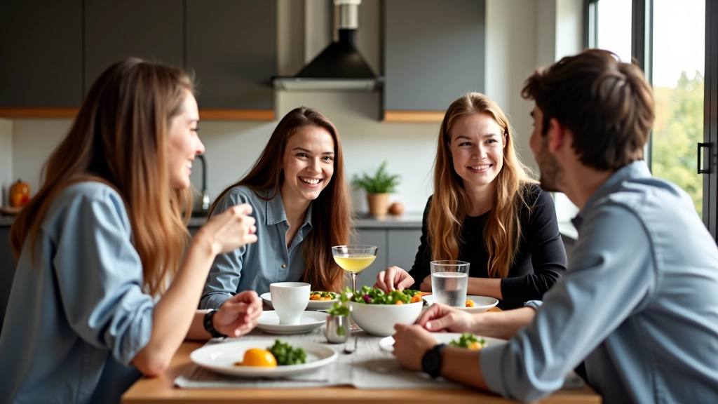 Groep studenten zit rond een tafel in een gedeelde keuken en eet samen