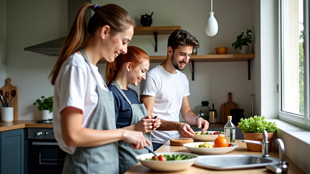 Studenten staan samen in een keuken en bereiden voedsel voor een gezamenlijke maaltijd